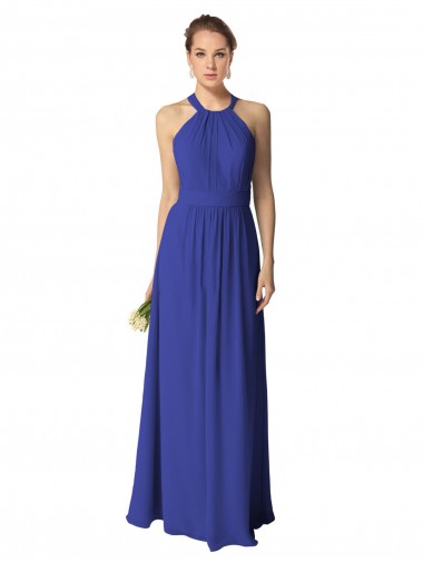 Bleu roi Trapèze Licou Mousseline Longue Robes demoiselle d'honneur Pas Chre