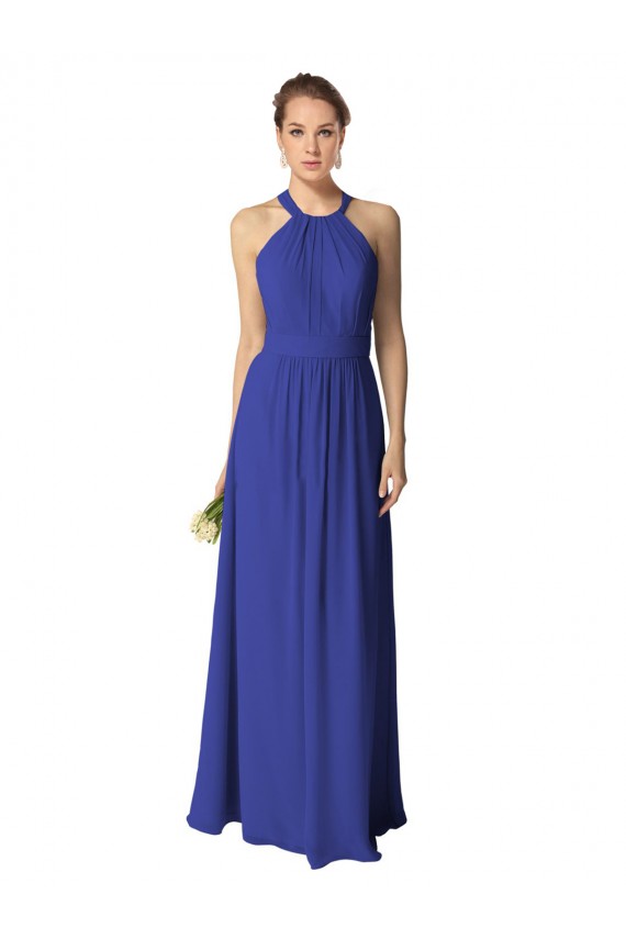 Bleu roi Trapèze Licou Mousseline Longue Robes demoiselle d'honneur Pas Chère