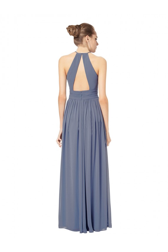 Bleu roi Trapèze Licou Mousseline Longue Robes demoiselle d'honneur Pas Chère