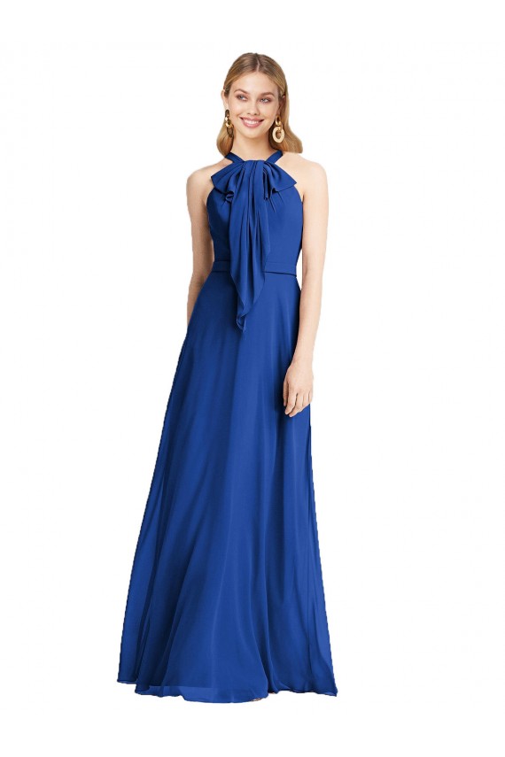 Bleu roi Trapèze Licou Mousseline Longue Robes demoiselle d'honneur Pas Chère