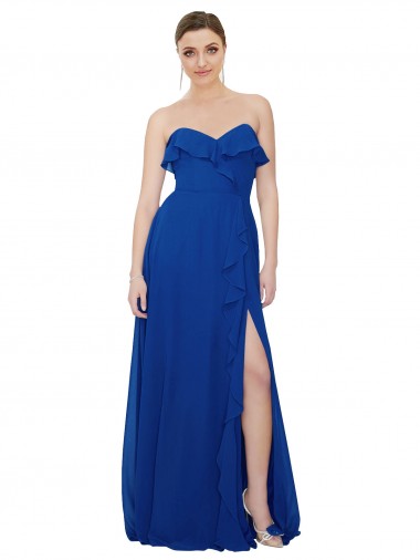 Bleu roi Trapèze Sans bretelle Mousseline Longue Robes demoiselle d'honneur Pas Chre