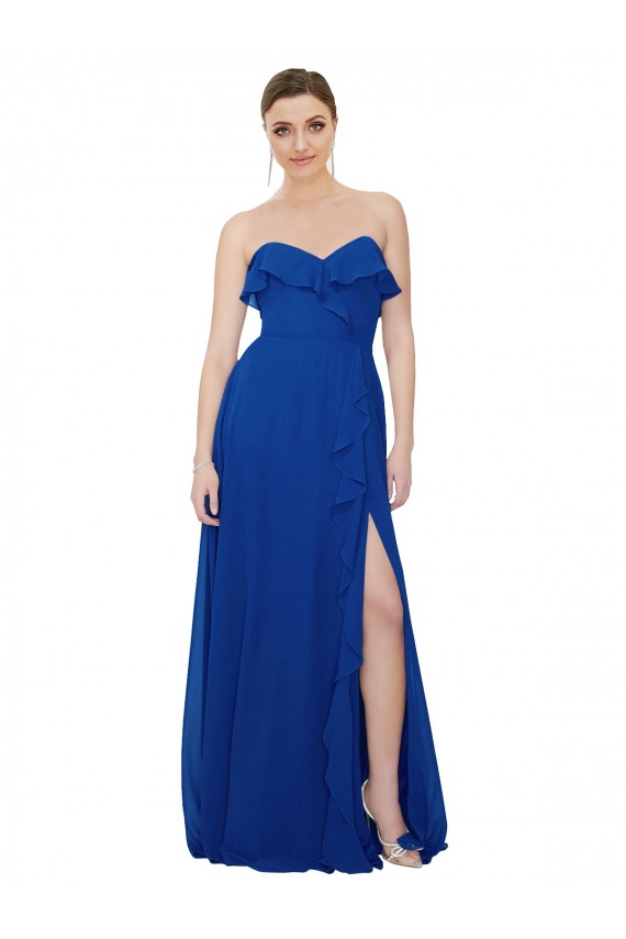 Bleu roi Trapèze Sans bretelle Mousseline Longue Robes demoiselle d'honneur Pas Chère