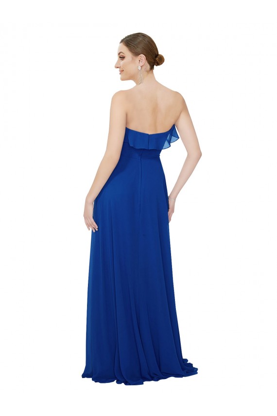 Bleu roi Trapèze Sans bretelle Mousseline Longue Robes demoiselle d'honneur Pas Chère