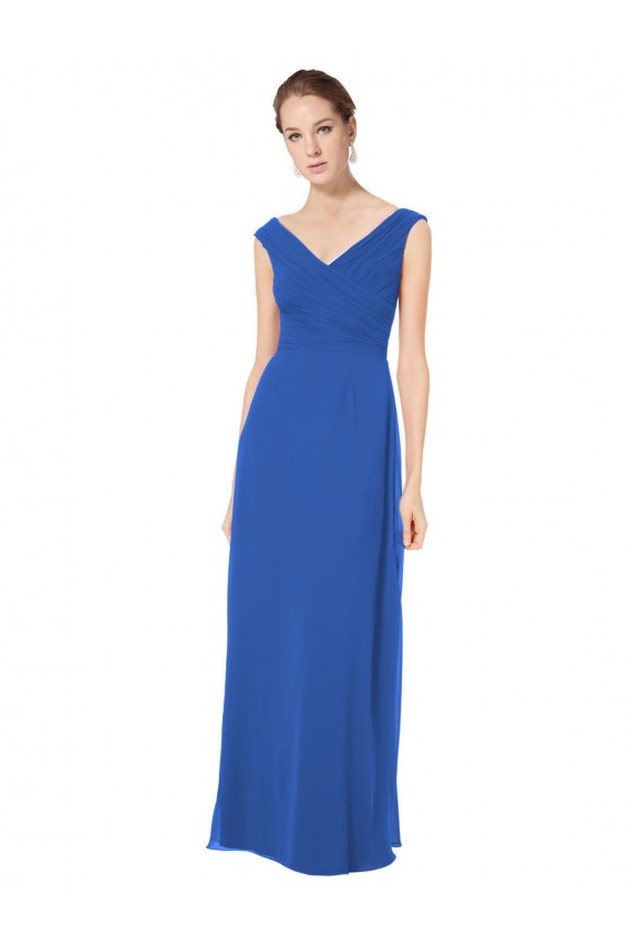 Bleu roi Trapèze Épaule Dénudée Col V Mousseline Longue Robes demoiselle d'honneur Pas Chère