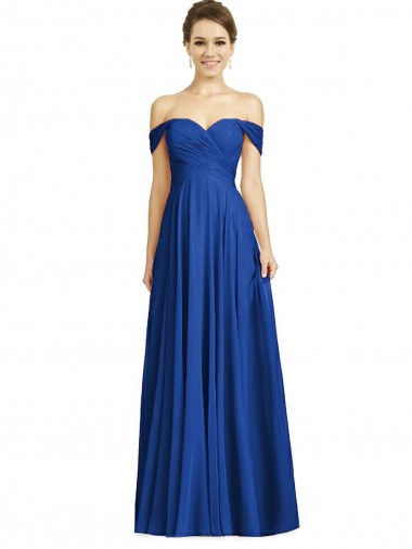 Bleu roi Trapèze Épaule Dénudée Mousseline Longue Robes demoiselle d'honneur Pas Chre