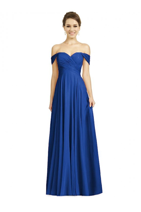 Bleu roi Trapèze Épaule Dénudée Mousseline Longue Robes demoiselle d'honneur Pas Chère