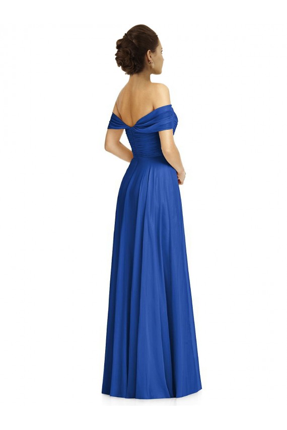 Bleu roi Trapèze Épaule Dénudée Mousseline Longue Robes demoiselle d'honneur Pas Chère
