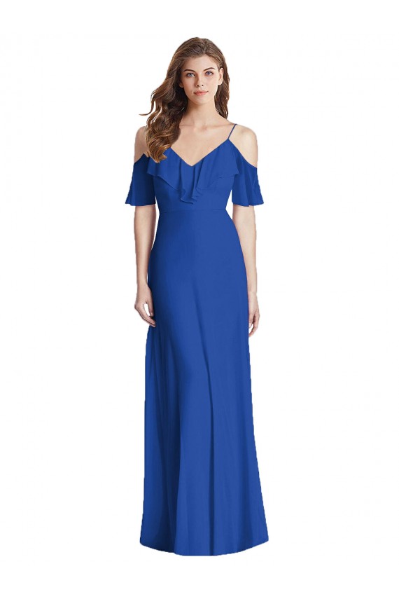 Bleu roi Trompette Bretelles spaghetti Col V Mousseline Longue Robes demoiselle d'honneur Pas Chère