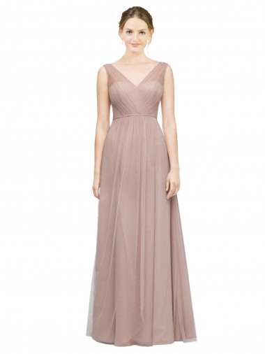 Blush Trapèze Col V Tulle Longue Robes demoiselle d'honneur Pas Chre