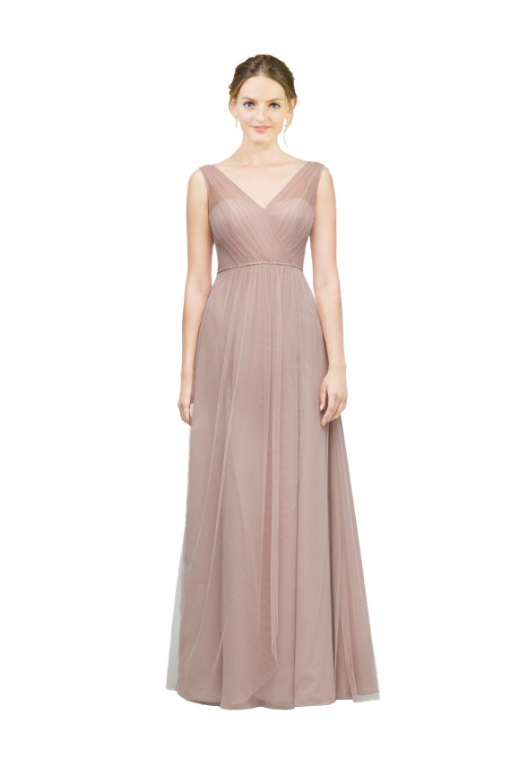 Blush Trapèze Col V Tulle Longue Robes demoiselle d'honneur Pas Chère