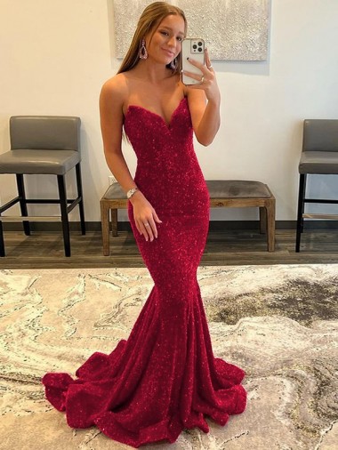 Bordeaux Fourreau Balayage train Paillettes Velours Longue Robes de bal Pas Chre