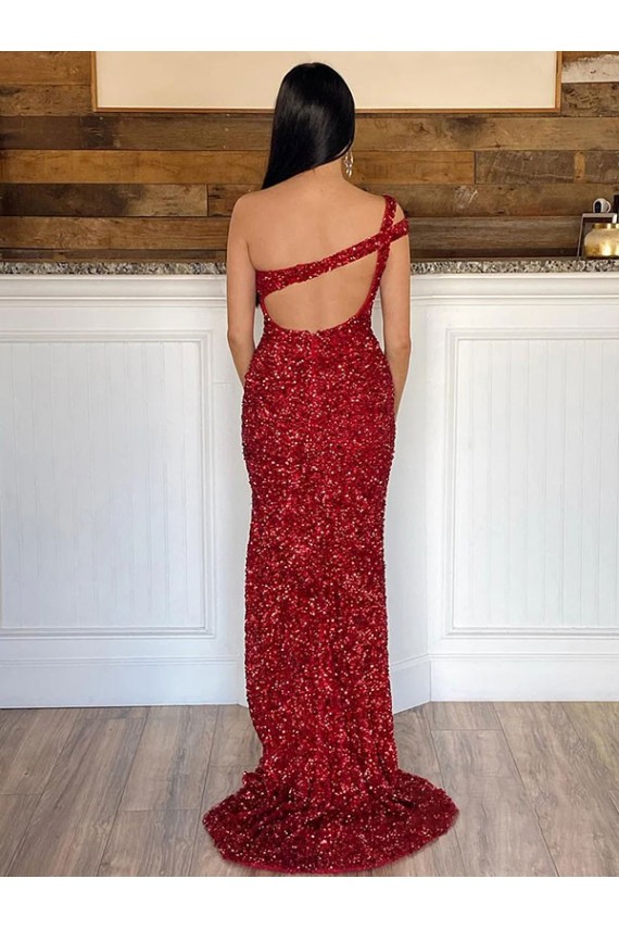 Bordeaux Fourreau Balayage train Paillettes Velours Longue Robes de bal Pas Chère
