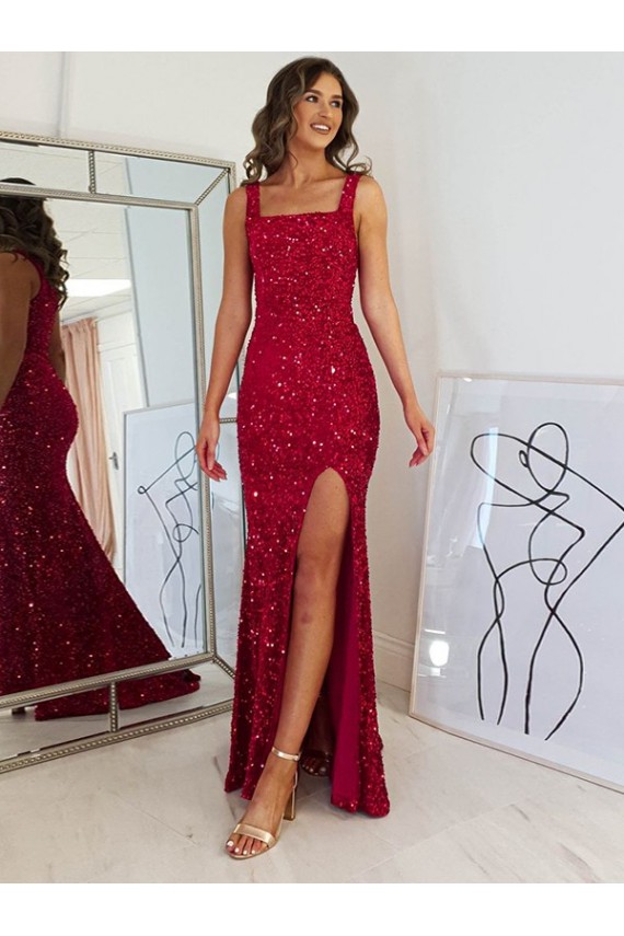 Bordeaux Fourreau Col Carré Paillettes Velours Longue Robes de bal Pas Chère