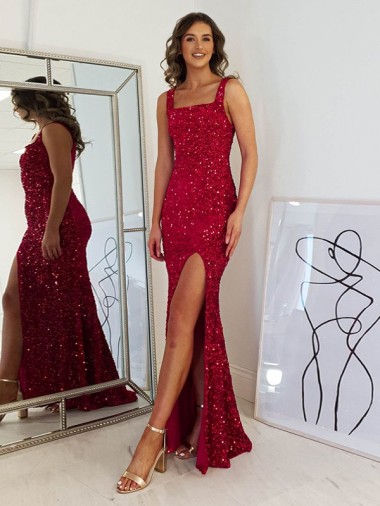 Bordeaux Fourreau Col Carré Paillettes Velours Longue Robes de bal Pas Chre