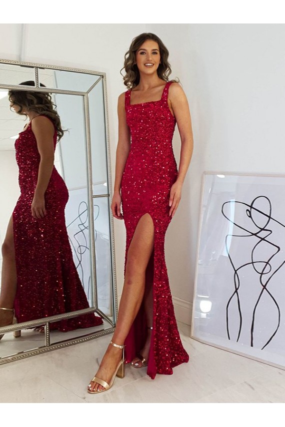 Bordeaux Fourreau Col Carré Paillettes Velours Longue Robes de bal Pas Chère