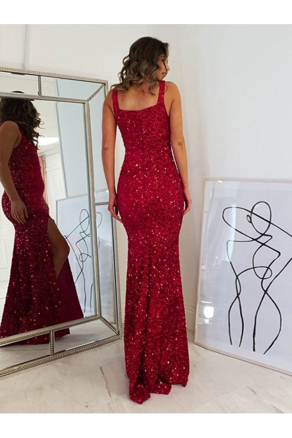Bordeaux Fourreau Col Carré Paillettes Velours Longue Robes de bal Pas Chère