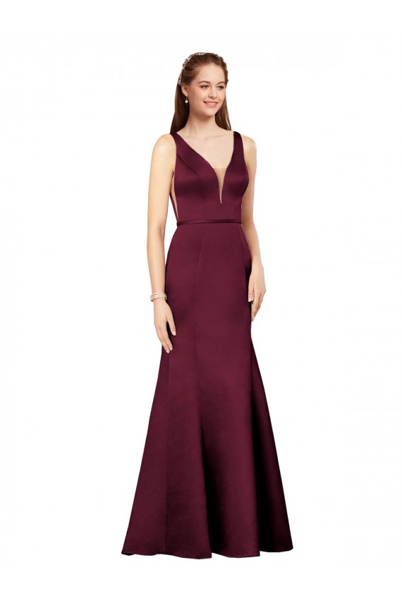 Bordeaux Fourreau Col V Satiné Longue Formelles Robes demoiselle d'honneur / Robes de soirée / Robes de bal Pas Chère
