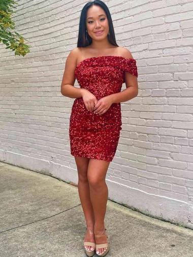 Bordeaux Fourreau Courte Paillettes Velours Courte Robes de bal Pas Chre