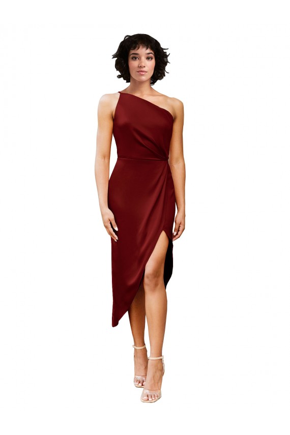 Bordeaux Fourreau midi Satiné Stretch Courte Robes demoiselle d'honneur / Robes de soirée / Robes de cocktail Pas Chère