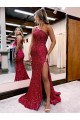 Bordeaux Sirène Balayage train Paillettes Velours Longue Robes de bal Pas Chère