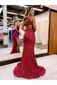 Bordeaux Sirène Balayage train Paillettes Velours Longue Robes de bal Pas Chère
