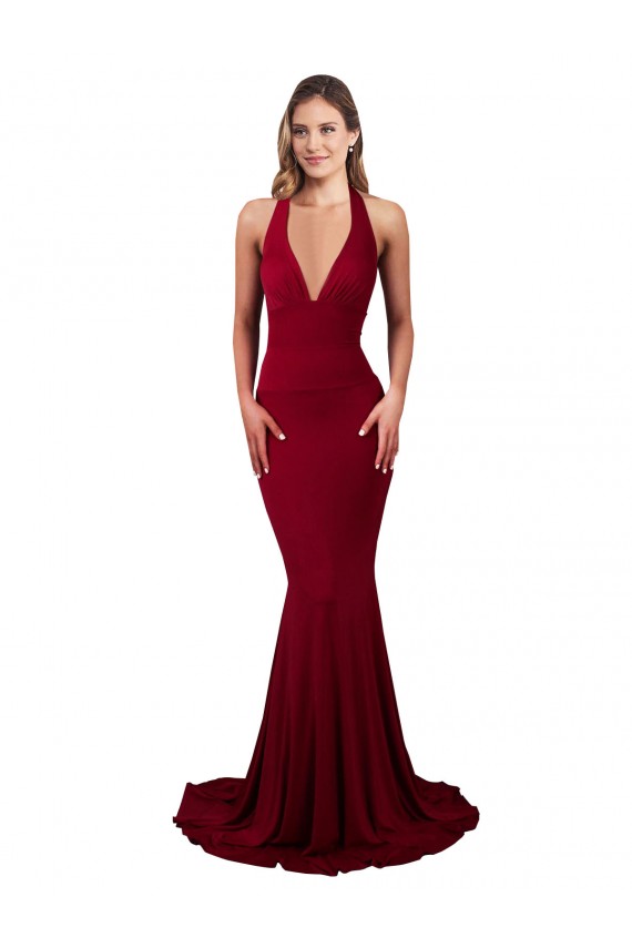 Bordeaux Sirène Licou Col V Spandex Longue Formelles Robes demoiselle d'honneur / Robes de soirée / Robes de bal Pas Chère