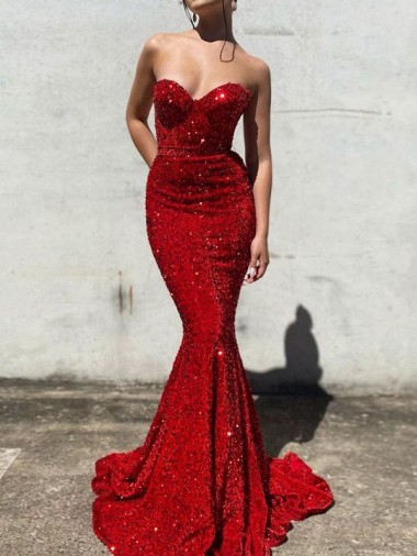 Bordeaux Sirène Traîne moyenne Paillettes Velours Longue Robes de bal Pas Chre