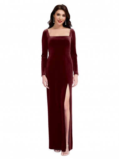 Bordeaux Trapèze Bretelles spaghetti Col Carré Velours Stretch Longue Robes demoiselle d'honneur / Robes de bal Pas Chre