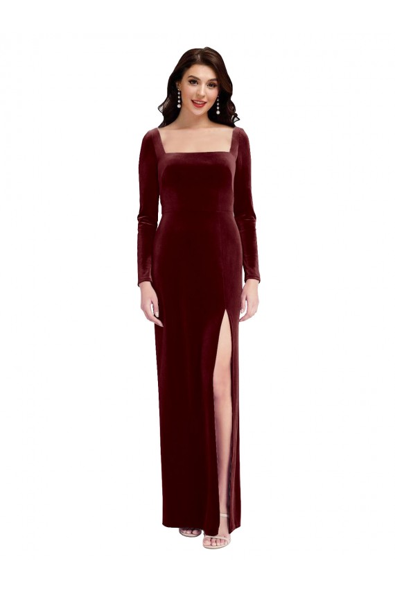 Bordeaux Trapèze Bretelles spaghetti Col Carré Velours Stretch Longue Robes demoiselle d'honneur / Robes de bal Pas Chère