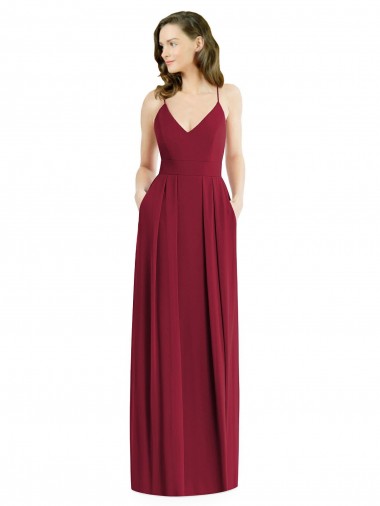 Bordeaux Trapèze Bretelles spaghetti Col V Mousseline Longue Robes demoiselle d'honneur Pas Chre