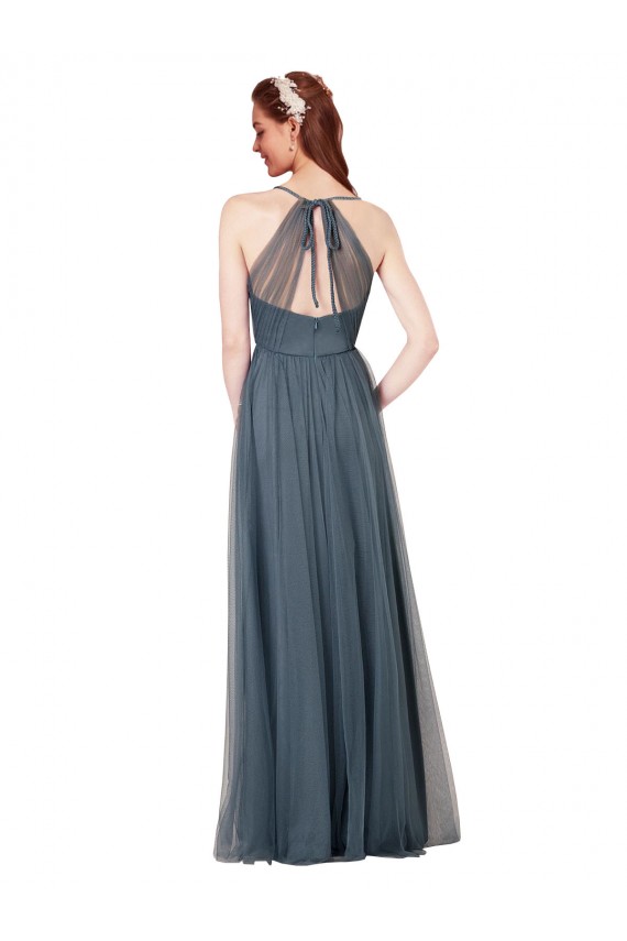 Bordeaux Trapèze Bretelles spaghetti Col V Tulle Longue Robes demoiselle d'honneur Pas Chère