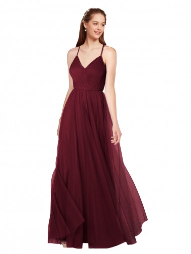 Bordeaux Trapèze Bretelles spaghetti Col V Tulle Longue Robes demoiselle d'honneur Pas Chre