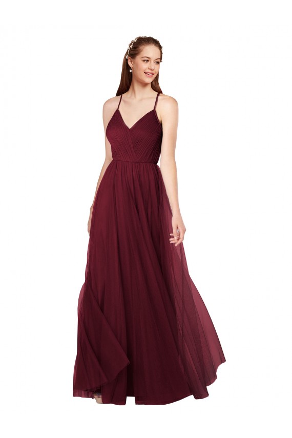 Bordeaux Trapèze Bretelles spaghetti Col V Tulle Longue Robes demoiselle d'honneur Pas Chère