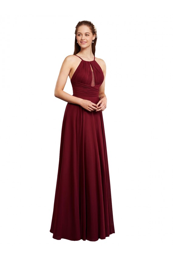 Bordeaux Trapèze Bretelles spaghetti Mousseline Longue Robes demoiselle d'honneur Pas Chère