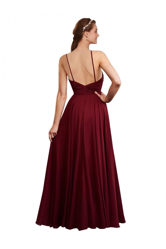 Bordeaux Trapèze Bretelles spaghetti Mousseline Longue Robes demoiselle d'honneur Pas Chère