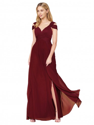 Bordeaux Trapèze Col Haut Mousseline Longue Formelles Robes demoiselle d'honneur / Robes de soirée / Robes de bal Pas Chre