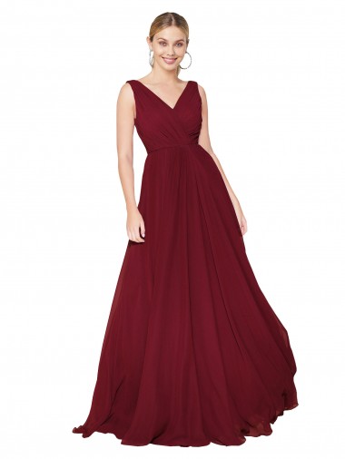 Bordeaux Trapèze Col V Mousseline Longue Formelles Robes demoiselle d'honneur / Robes de soirée / Robes de bal Pas Chre