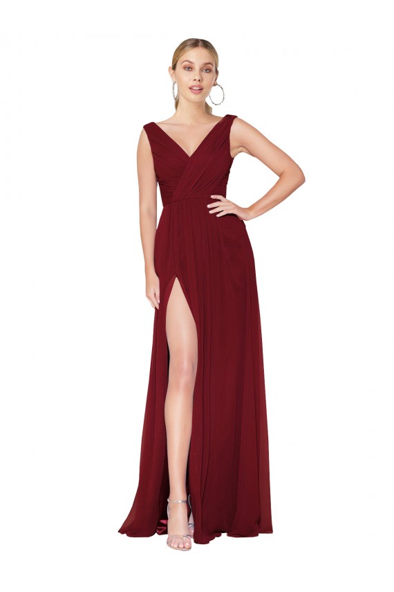Bordeaux Trapèze Col V Mousseline Longue Formelles Robes demoiselle d'honneur / Robes de soirée / Robes de bal Pas Chère