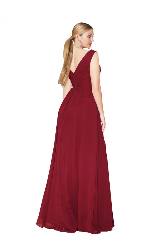 Bordeaux Trapèze Col V Mousseline Longue Formelles Robes demoiselle d'honneur / Robes de soirée / Robes de bal Pas Chère