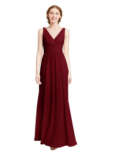 Bordeaux Trapèze Col V Mousseline Longue Robes demoiselle d'honneur Pas Chre