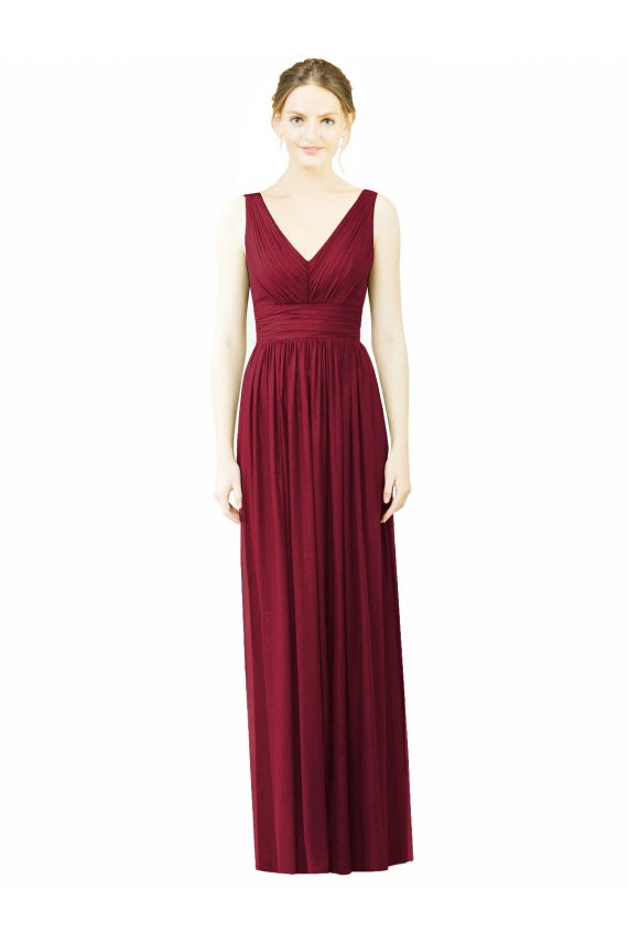Bordeaux Trapèze Col V Mousseline Longue Robes demoiselle d'honneur Pas Chère
