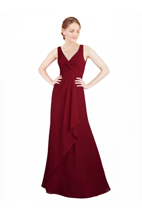 Bordeaux Trapèze Col V Mousseline Longue Robes demoiselle d'honneur Pas Chère
