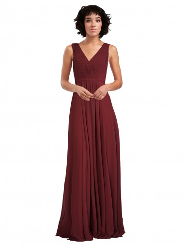 Bordeaux Trapèze Col V Mousseline Longue Robes demoiselle d'honneur Pas Chre