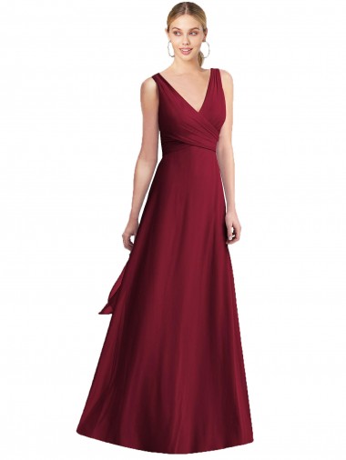 Bordeaux Trapèze Col V Mousseline Longue Robes demoiselle d'honneur Pas Chre