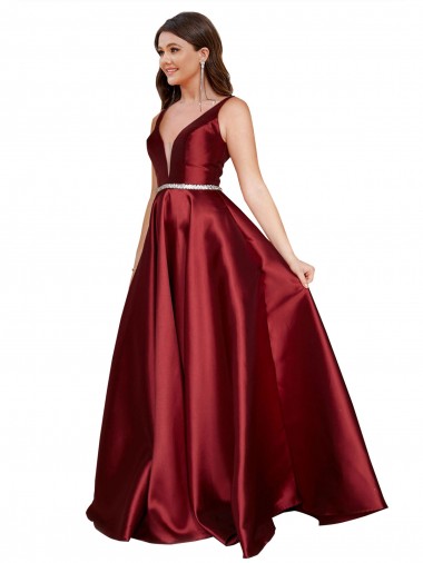 Bordeaux Trapèze Col V Satiné Longue Formelles Robes demoiselle d'honneur / Robes de soirée / Robes de bal Pas Chre