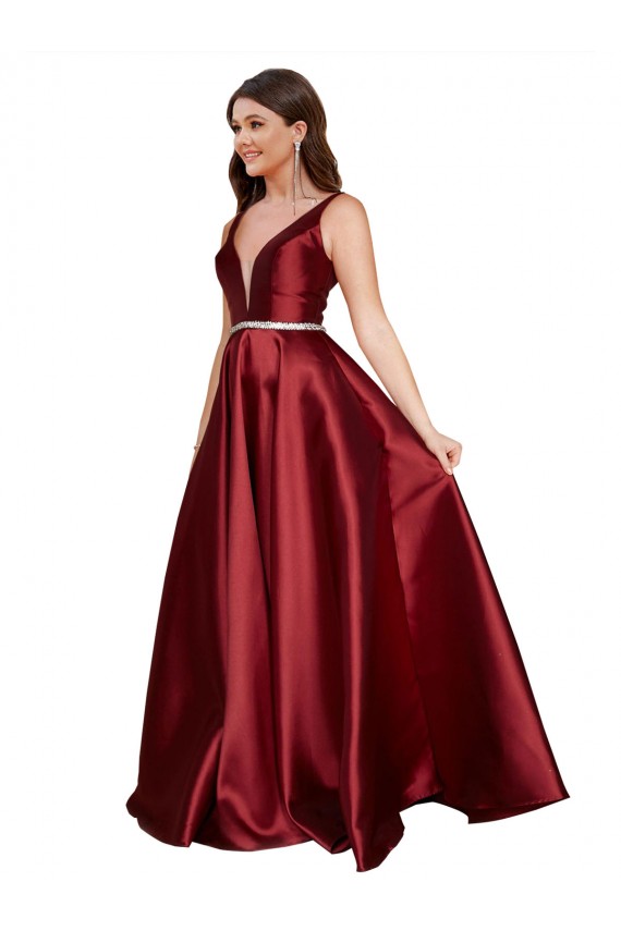 Bordeaux Trapèze Col V Satiné Longue Formelles Robes demoiselle d'honneur / Robes de soirée / Robes de bal Pas Chère