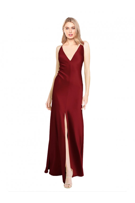 Bordeaux Trapèze Col V Satiné Stretch Longue Formelles Robes demoiselle d'honneur / Robes de soirée / Robes de bal Pas Chère