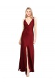 Bordeaux Trapèze Col V Satiné Stretch Longue Formelles Robes demoiselle d'honneur / Robes de soirée / Robes de bal Pas Chère