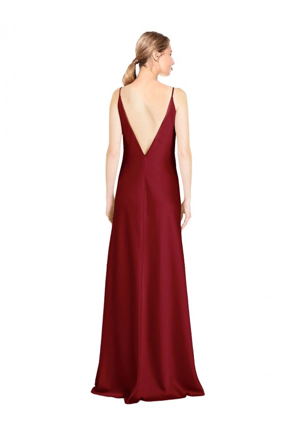 Bordeaux Trapèze Col V Satiné Stretch Longue Formelles Robes demoiselle d'honneur / Robes de soirée / Robes de bal Pas Chère