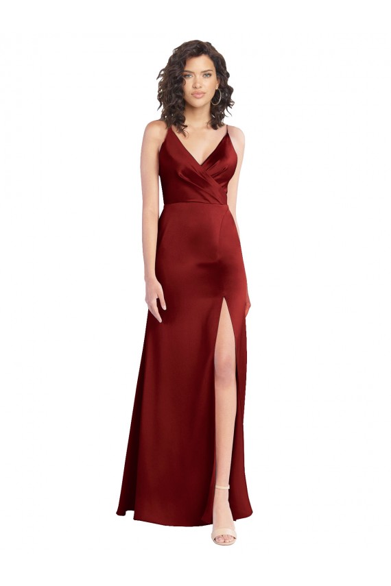 Bordeaux Trapèze Col V Satiné Stretch Longue Formelles Robes demoiselle d'honneur / Robes de soirée / Robes de bal Pas Chère